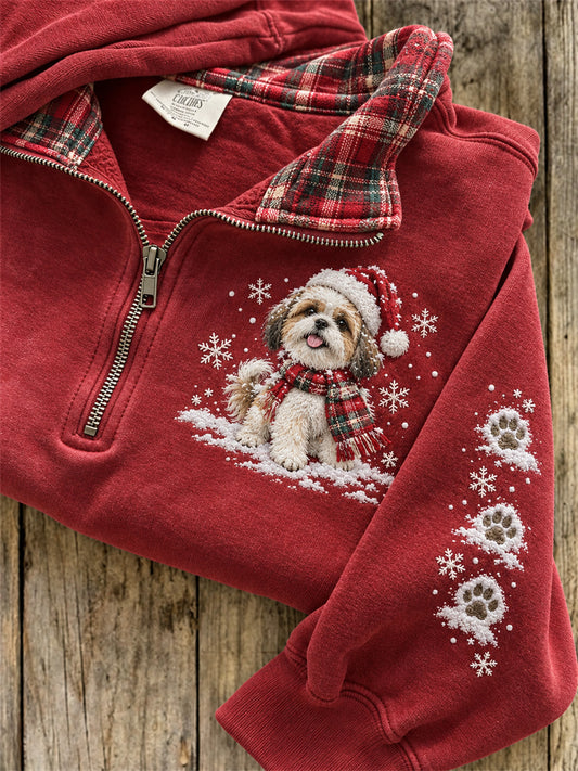 Women's Snowy Christmas Shih Tzu Dog & Paw Prints Plaid Print Sweatshirt