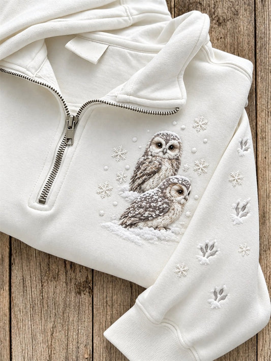Women's Snowy Winter Owls in the Snow Print Zip Up Sweatshirt