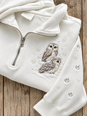 Women's Snowy Winter Owls in the Snow Print Zip Up Sweatshirt