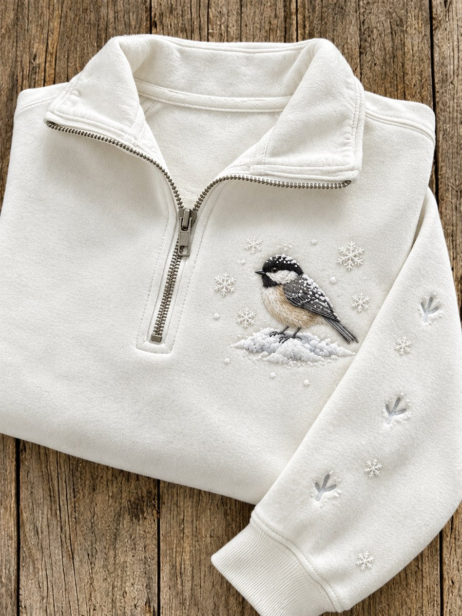 Women's Snowy Winter Black-capped Chickadee Bird in the Snow Print Zip Up Sweatshirt