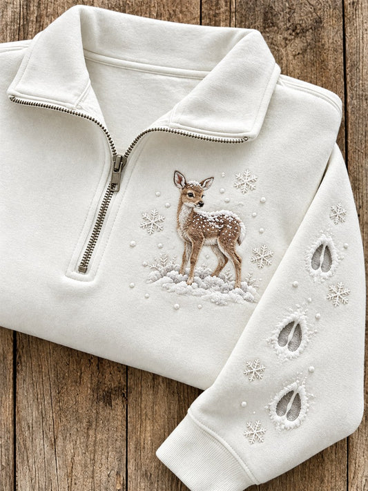Women's Snowy Winter Deer in the Snow Print Zip Up Sweatshirt