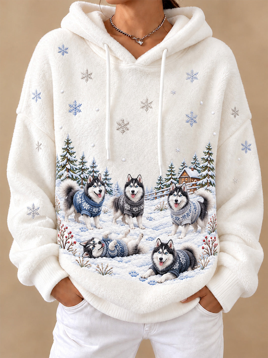 Women's Winter Siberian Huskies Pattern Causal Flannel Hoodie