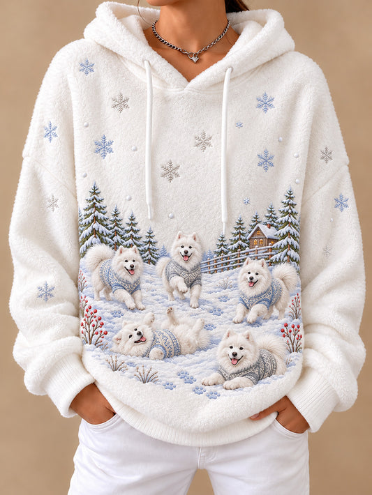 Women's Winter Samoyeds Pattern Causal Flannel Hoodie